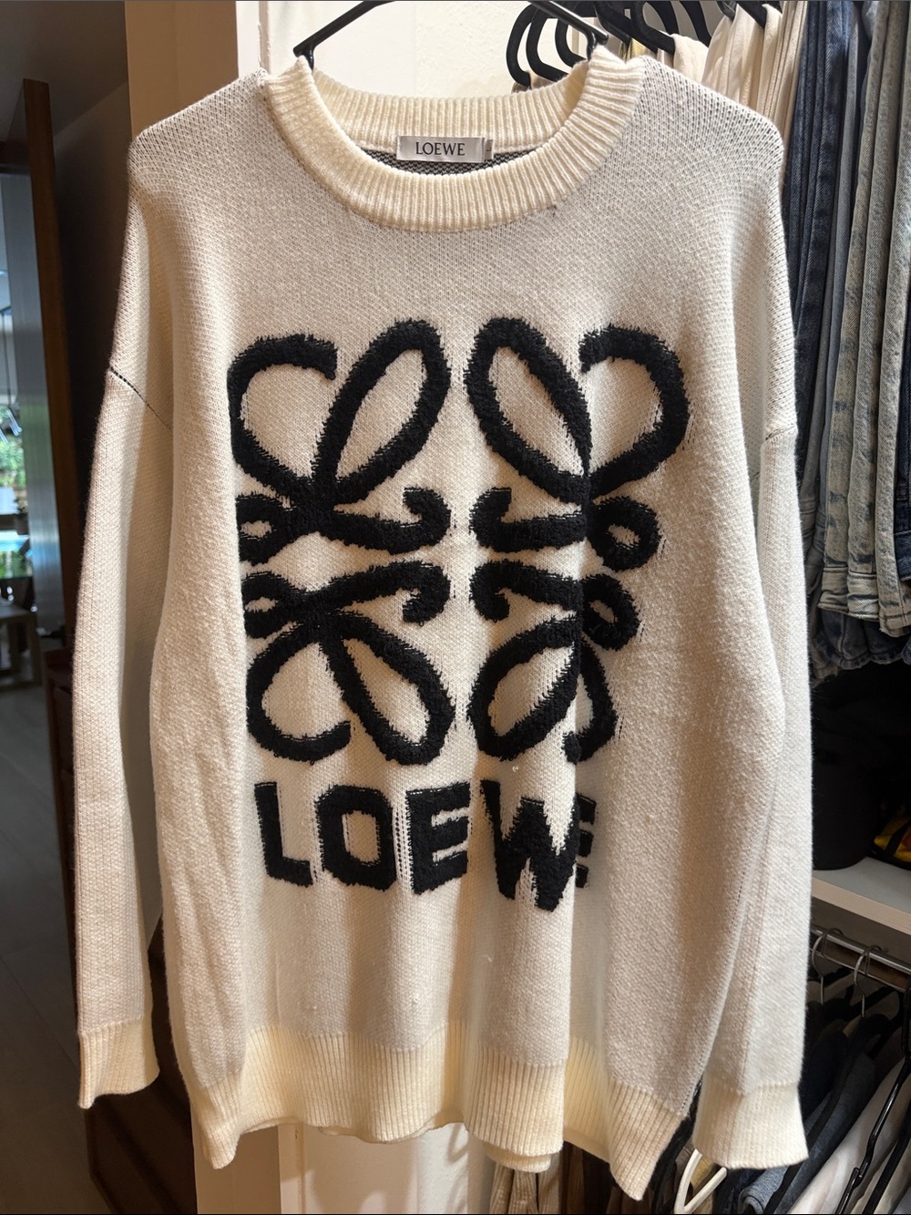 Loewe Cream Crewneck Sweater with Black Anagram Logo